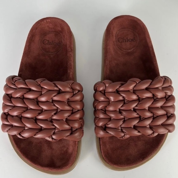 CHLOE RED BRAIDED LEATHER SLIDES - Picture 11 of 13